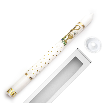 Świeca Gromnica na Chrzest na Komunie ręcznie zdobiona z pudełkiem i okapnikiem