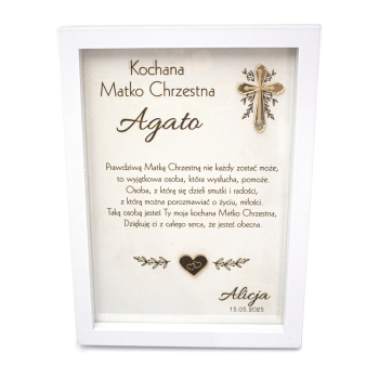 Prezent podziękowanie dla chrzestnych ramka złoty krzyż serce personalizowana