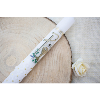 Świeca Gromnica na Chrzest na Komunie ręcznie zdobiona z pudełkiem i okapnikiem