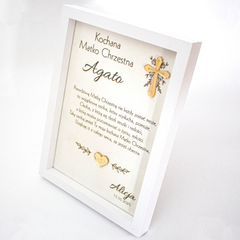 Prezent podziękowanie dla chrzestnych ramka złoty krzyż serce personalizowana