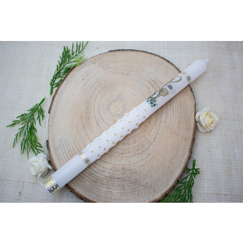 Świeca Gromnica na Chrzest na Komunie ręcznie zdobiona z pudełkiem i okapnikiem