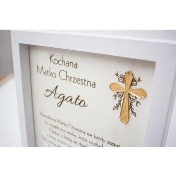 Prezent podziękowanie dla chrzestnych ramka złoty krzyż serce personalizowana